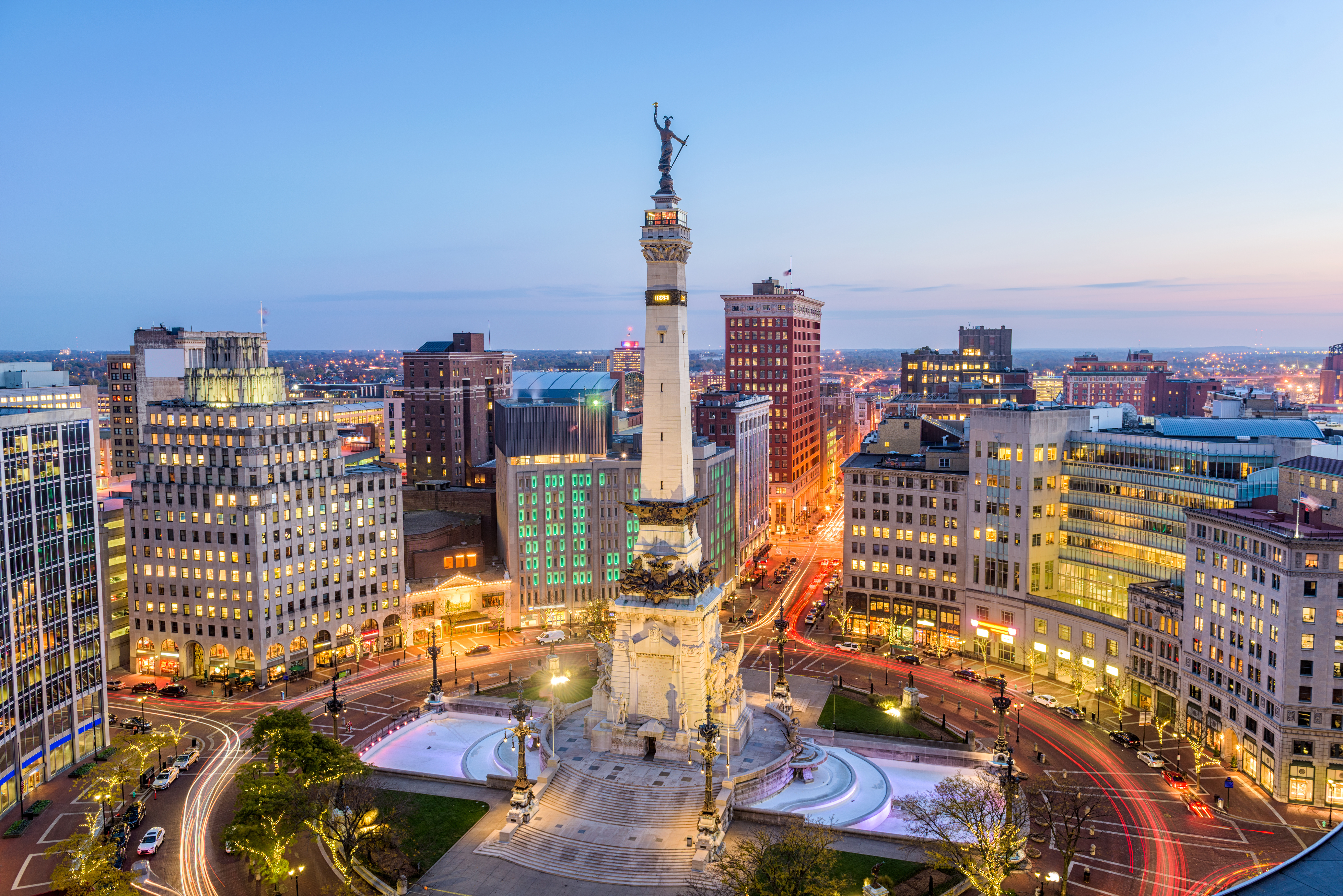 Aerial view of downtown Indianapolis at dusk