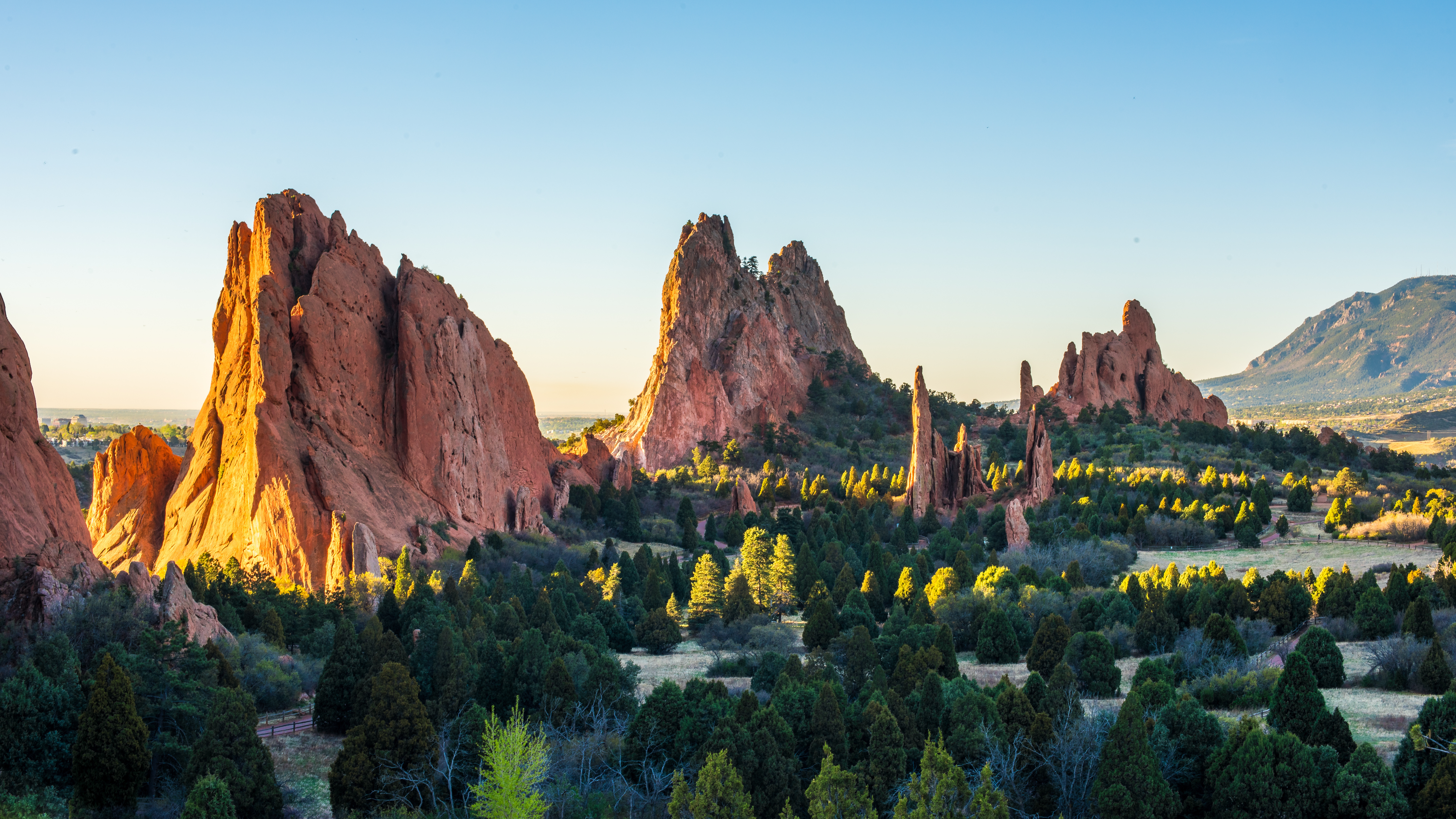 The iconic red rock formations of Garden of the Gods in Colorado Springs, Colorado, are bathed in warm sunlight, surrounded by green vegetation, with a clear blue sky and distant mountains in the background.