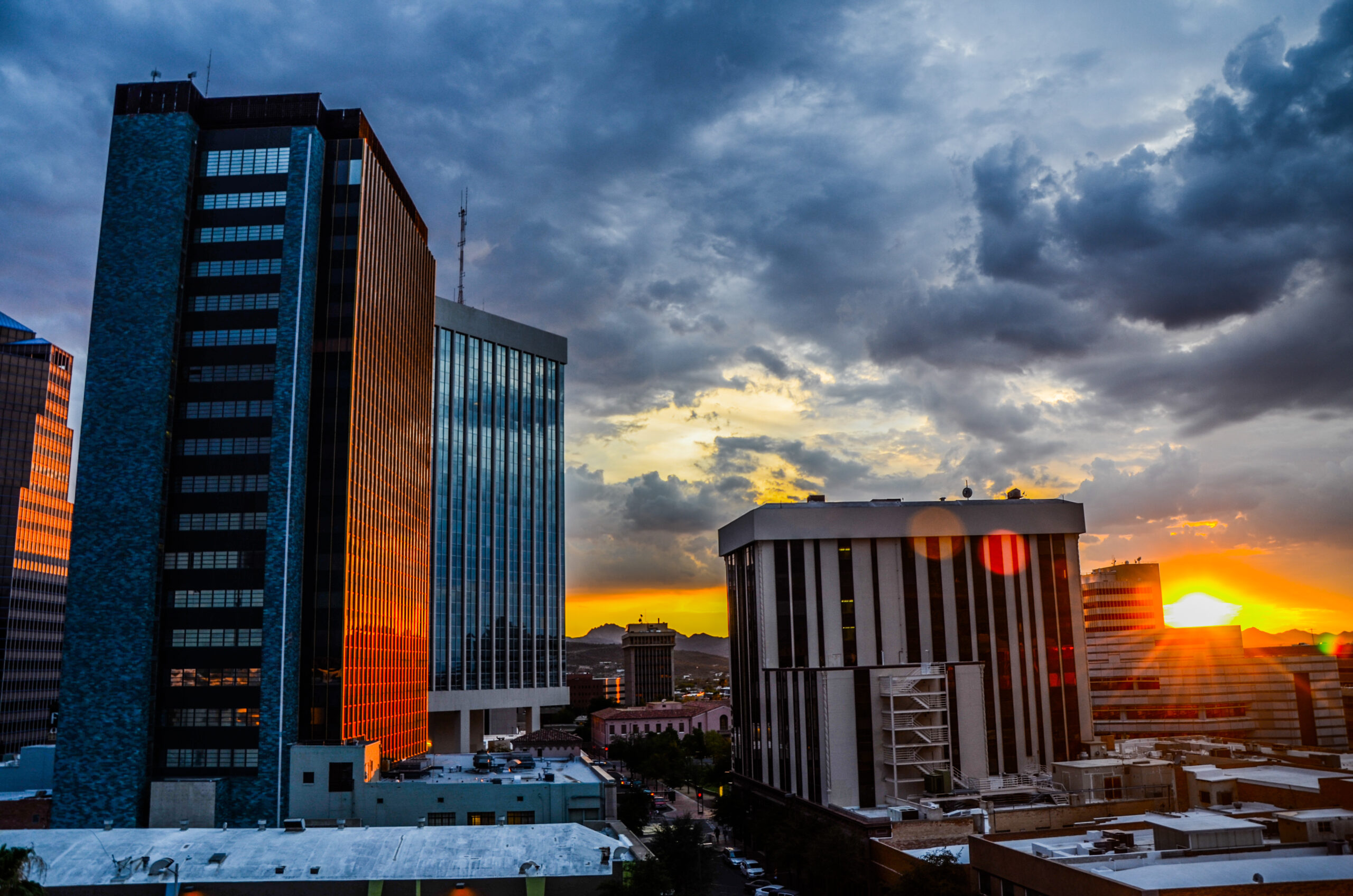 Sunset in downtown Tucson, Arizona on a cloudy day
