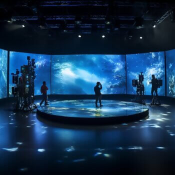 A futuristic studio setup with a circular stage surrounded by multiple tall screens displaying a vivid underwater scene in shades of blue and green. Several people and camera equipment are positioned around the stage, with dim studio lighting enhancing the immersive atmosphere.
