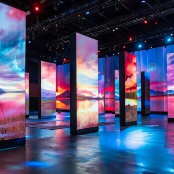 A vibrant exhibition space featuring multiple vertical screens displaying colorful landscape images, including mountains, grasslands, and reflective lakes. The room is lit with a mix of red, blue, and purple lights, creating a dynamic and artistic environment.