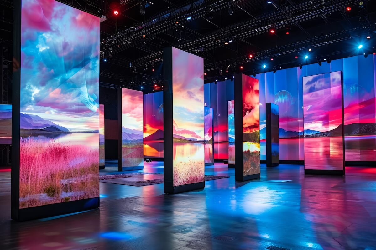 A vibrant exhibition space featuring multiple vertical screens displaying colorful landscape images, including mountains, grasslands, and reflective lakes. The room is lit with a mix of red, blue, and purple lights, creating a dynamic and artistic environment.