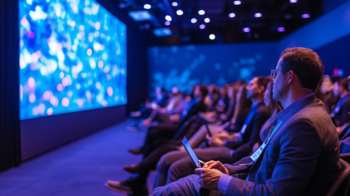 An audience seated in a dark room, watching a large digital screen displaying abstract blue and pink light patterns. The foreground shows a man in a suit holding a tablet, while the room’s ambient lighting enhances the immersive viewing experience.