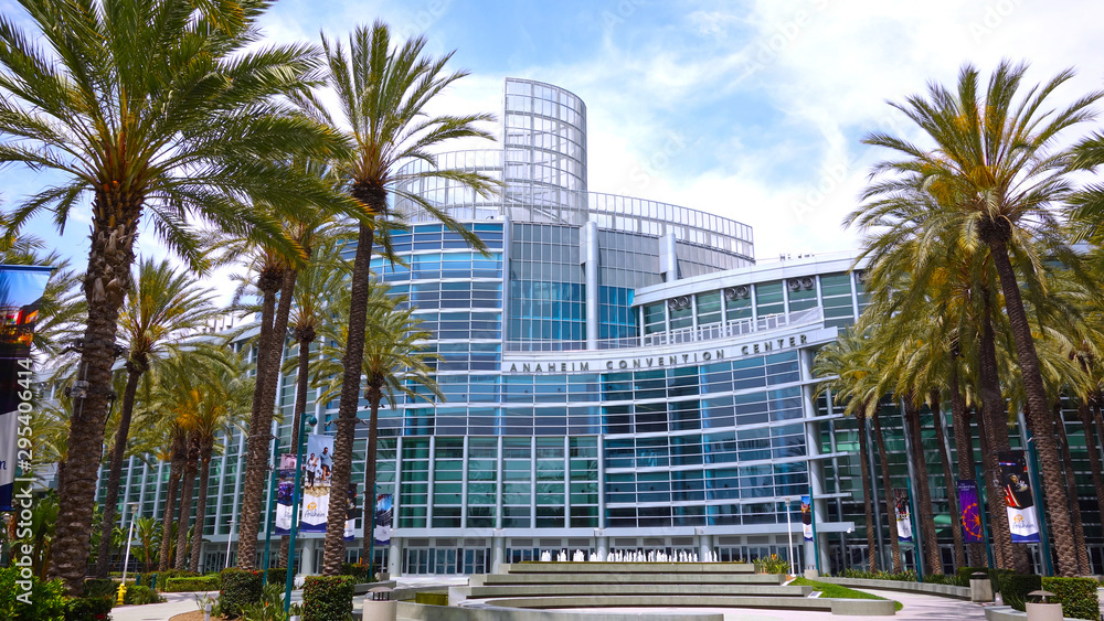 An outside shot of the Anaheim convention center