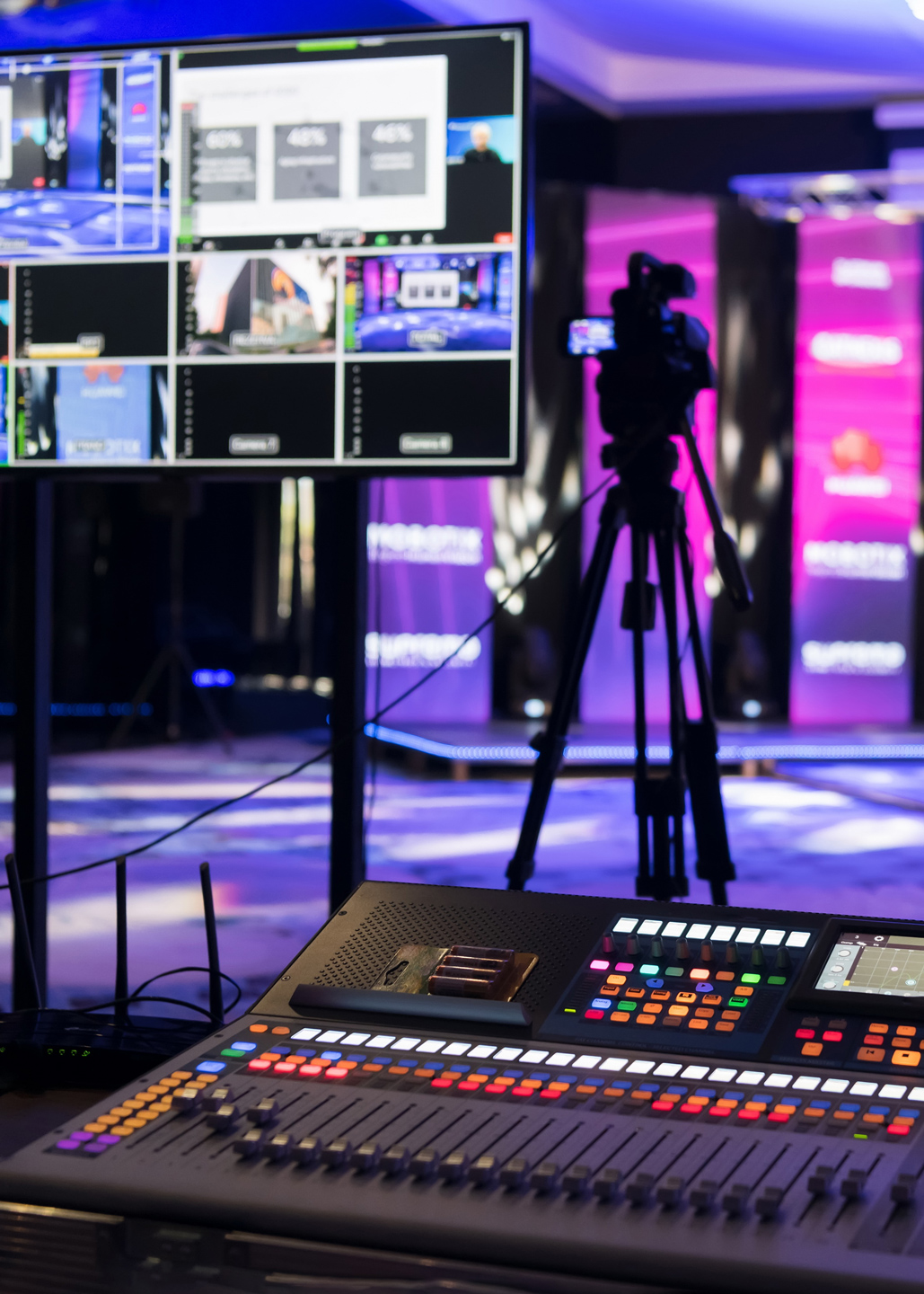 Foreground focus on a video production switcher with colorful buttons and a blurred background showing a camera on a tripod and monitors displaying various camera angles.